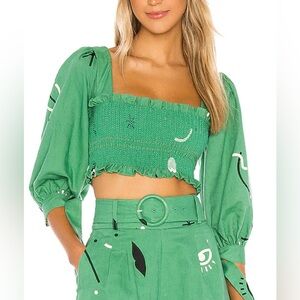 Revolve Capulet Gracia Smocked Crop Top Carnivale Print Green XS Puff Sleeve Top